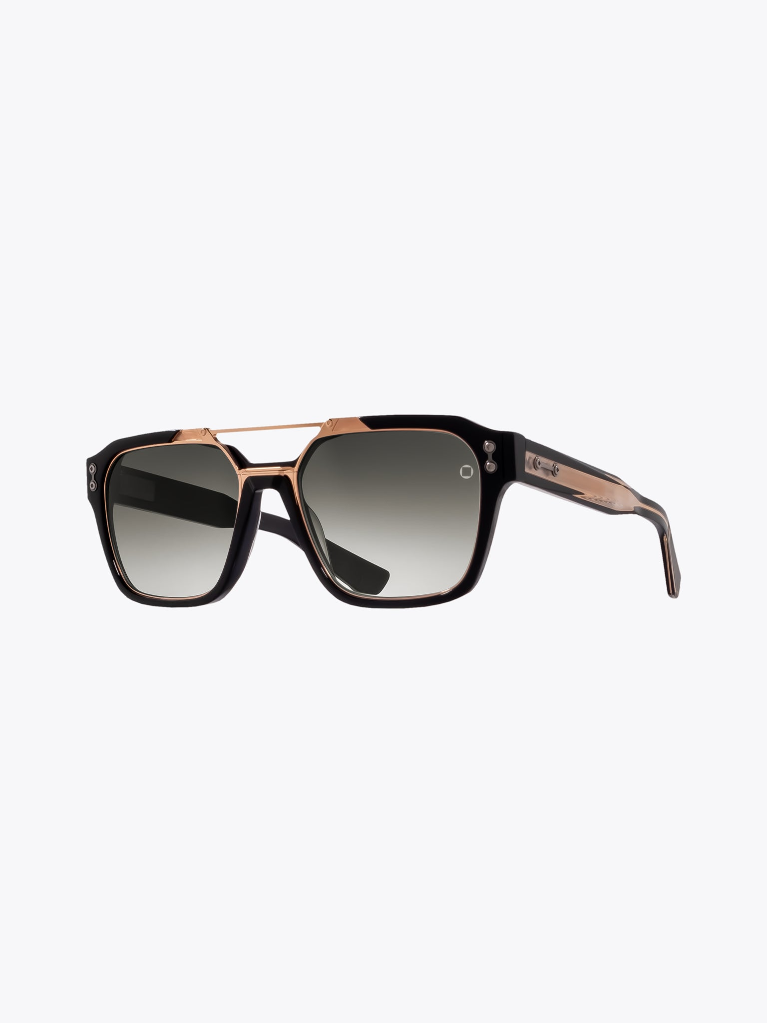 Akoni's Discovery 509A sunglasses combine black Japanese acetate and rose gold titanium for a stylish aviator look with superior CR-39 anti-reflective grey lenses.