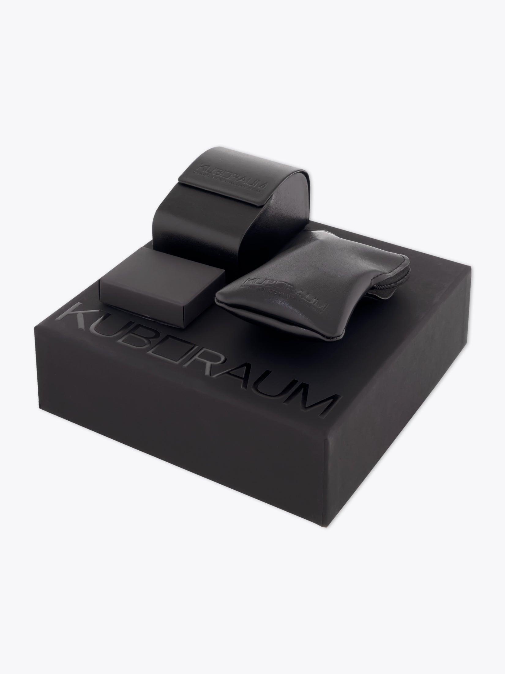 KUBORAUM Mask H40 — Sunglasses — Black Palladium box and case front view